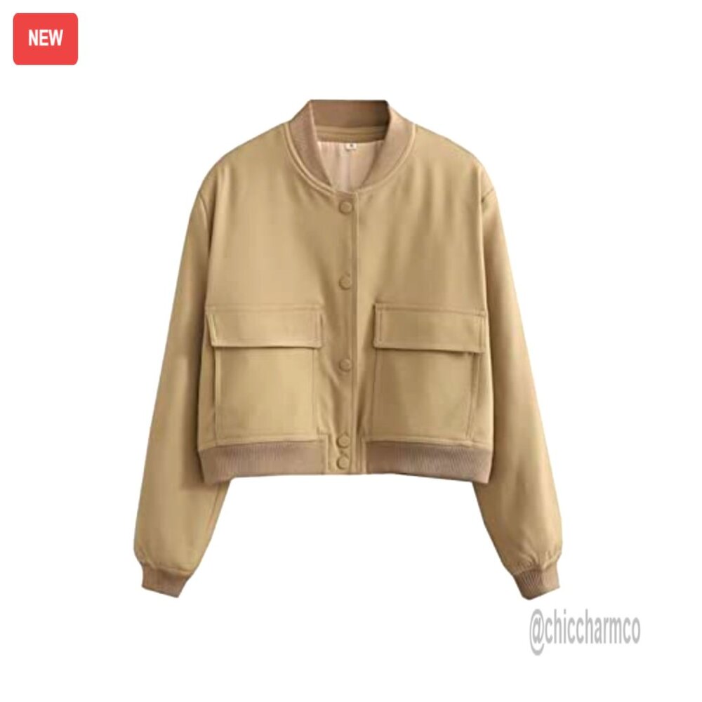 Cropped Bomber Jacket With Button Closure And Sid… - image 4